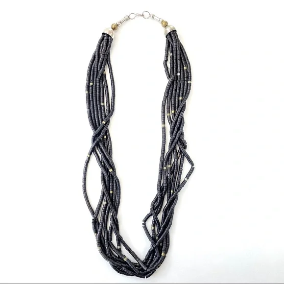 Vintage 1970s Coconut Shell Bead Black & Metallic Necklace - Picture 8 of 12